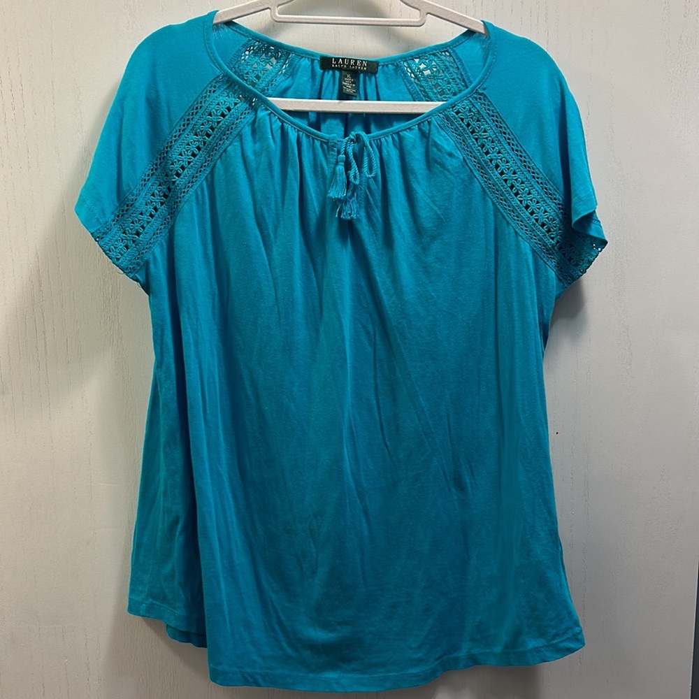 LAUREN Ralph Lauren Teal Women’s Short sleeve. Tie collar with Embroidery detail